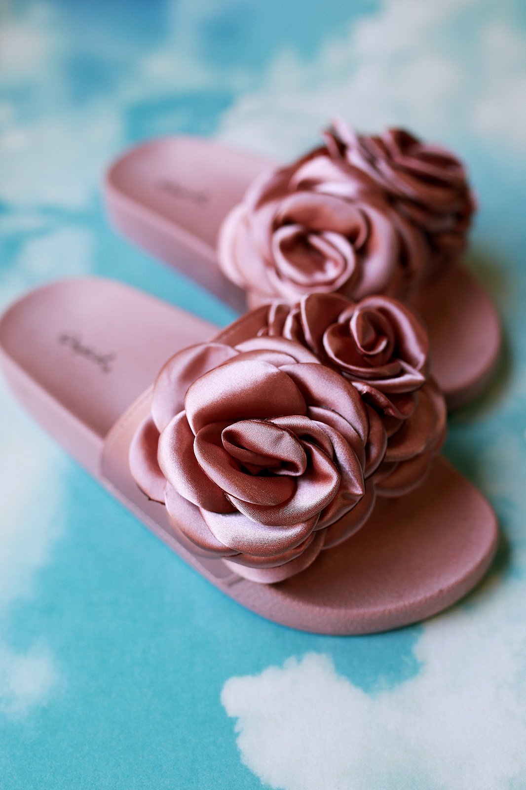 Qupid Satin Rosette Applique Slide Sandal