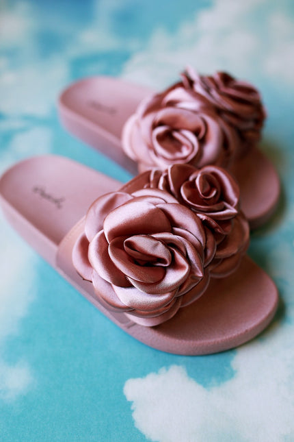 Qupid Satin Rosette Applique Slide Sandal