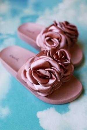 Qupid Satin Rosette Applique Slide Sandal