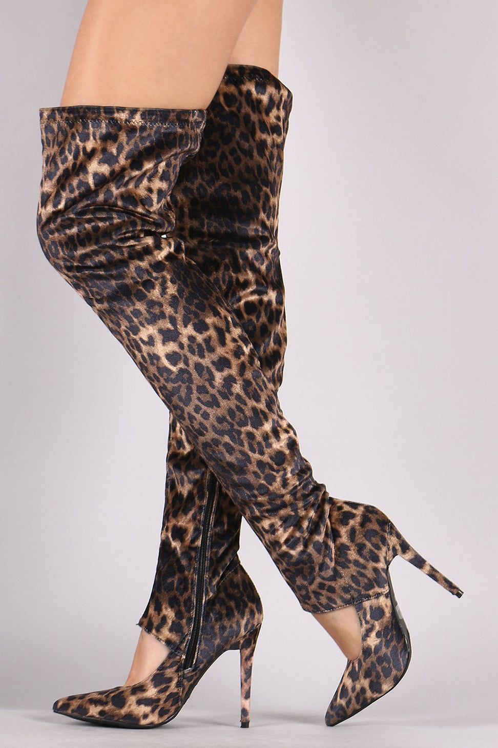 Anne Michelle Leopard Cutout Stiletto Over-The-Knee Boots