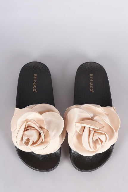 Bamboo Satin Oversized Rosette Applique Slide Sandal