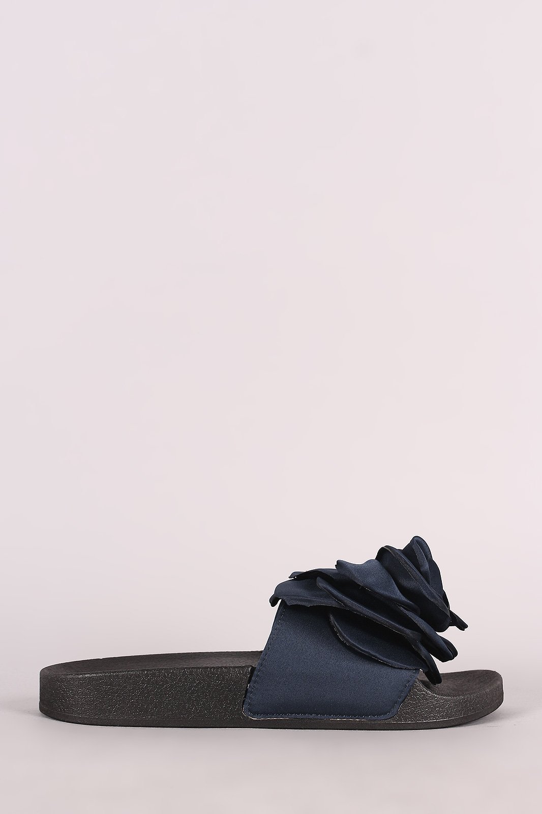 Bamboo Satin Oversized Rosette Applique Slide Sandal