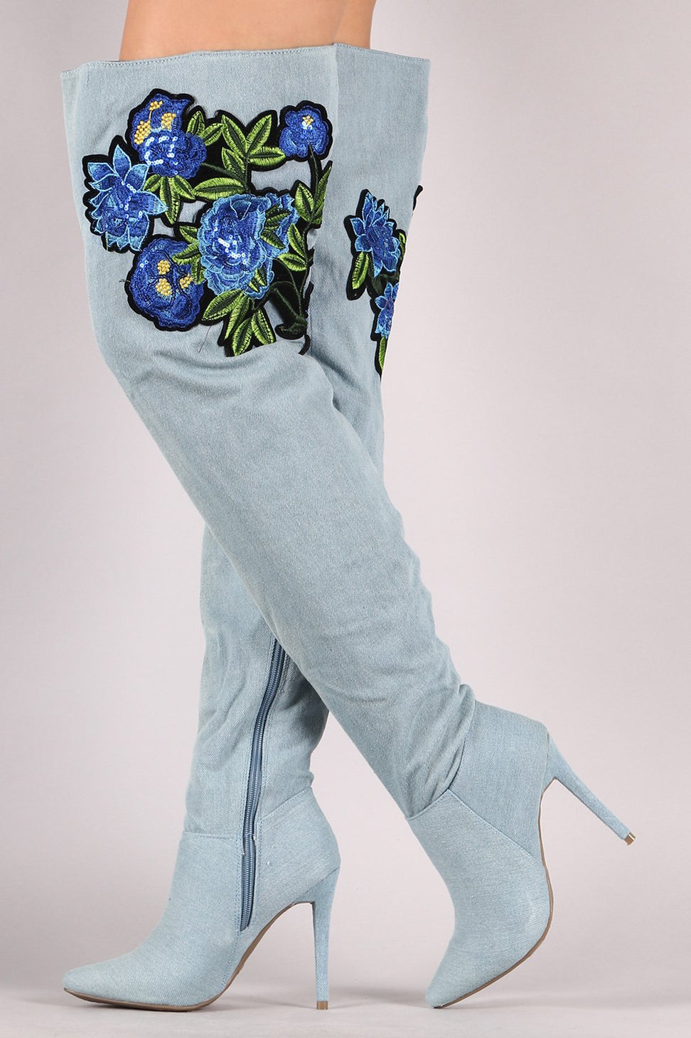 Anne Michelle Floral Patch Over-The-Knee Denim Stiletto Boots