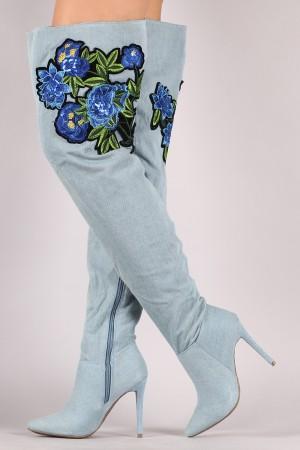Anne Michelle Floral Patch Over-The-Knee Denim Stiletto Boots
