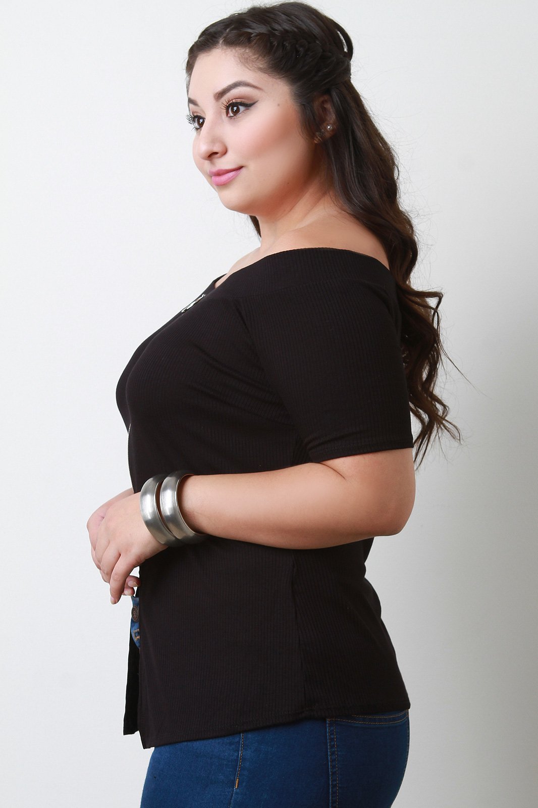 O-Ring Zip Up Ribbed Knit Bardot Top - NoveltyOne