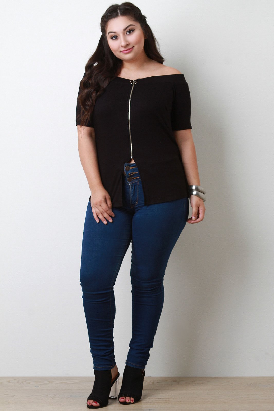 O-Ring Zip Up Ribbed Knit Bardot Top - NoveltyOne