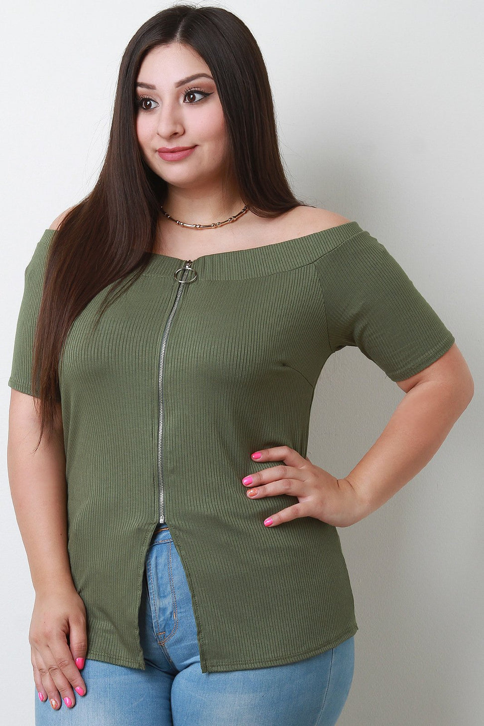 O-Ring Zip Up Ribbed Knit Bardot Top - NoveltyOne