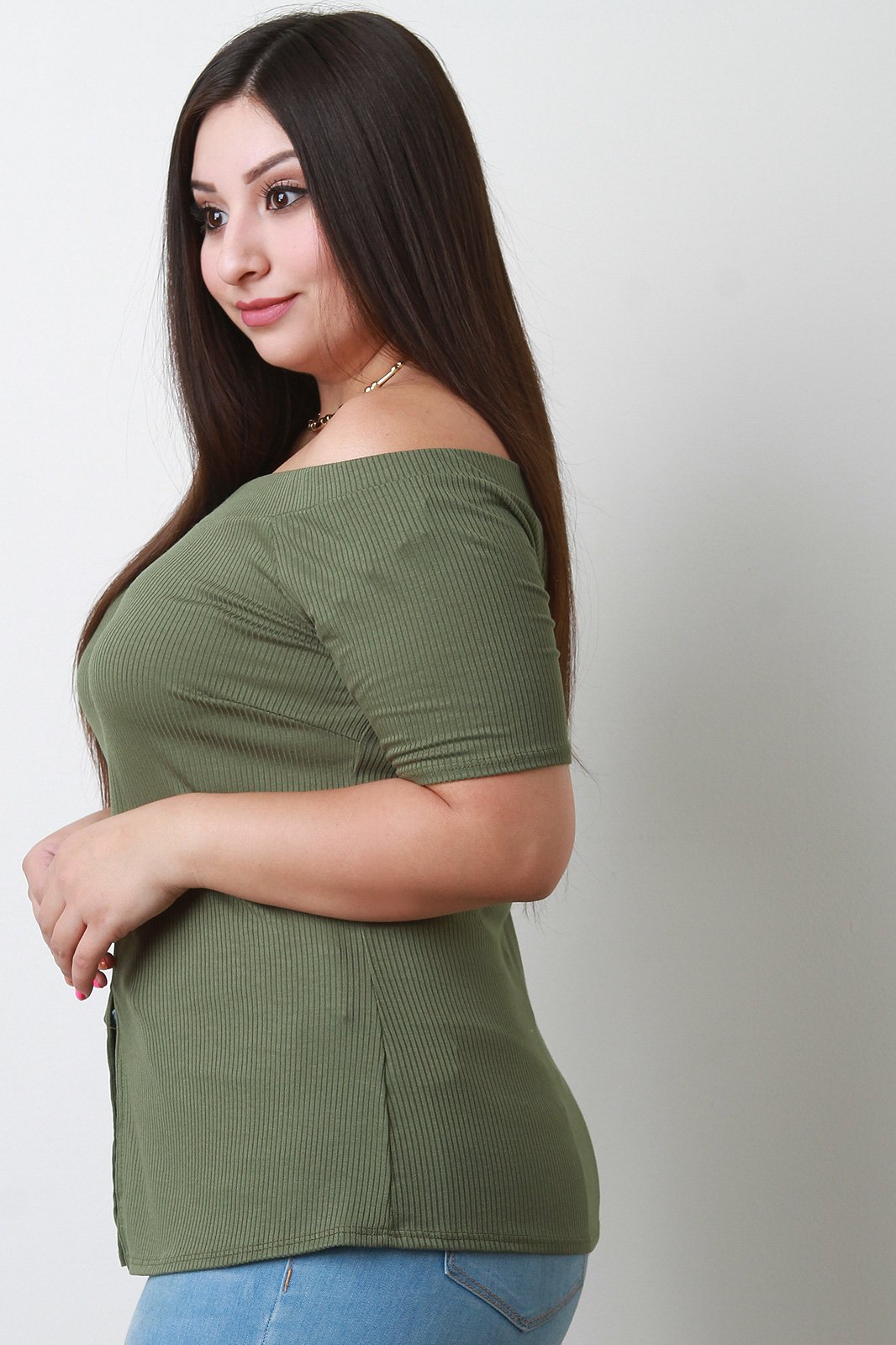 O-Ring Zip Up Ribbed Knit Bardot Top - NoveltyOne