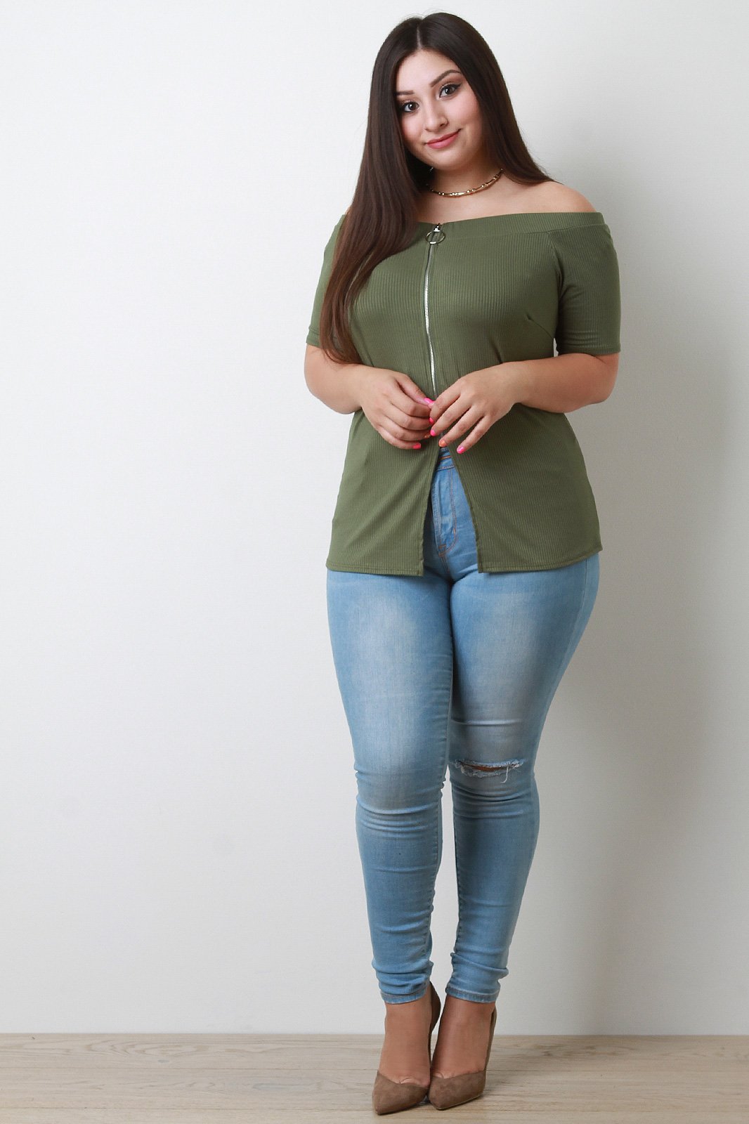 O-Ring Zip Up Ribbed Knit Bardot Top - NoveltyOne