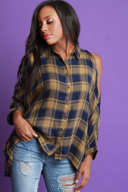 Plaid Open Shoulder Button Up High-Low Top