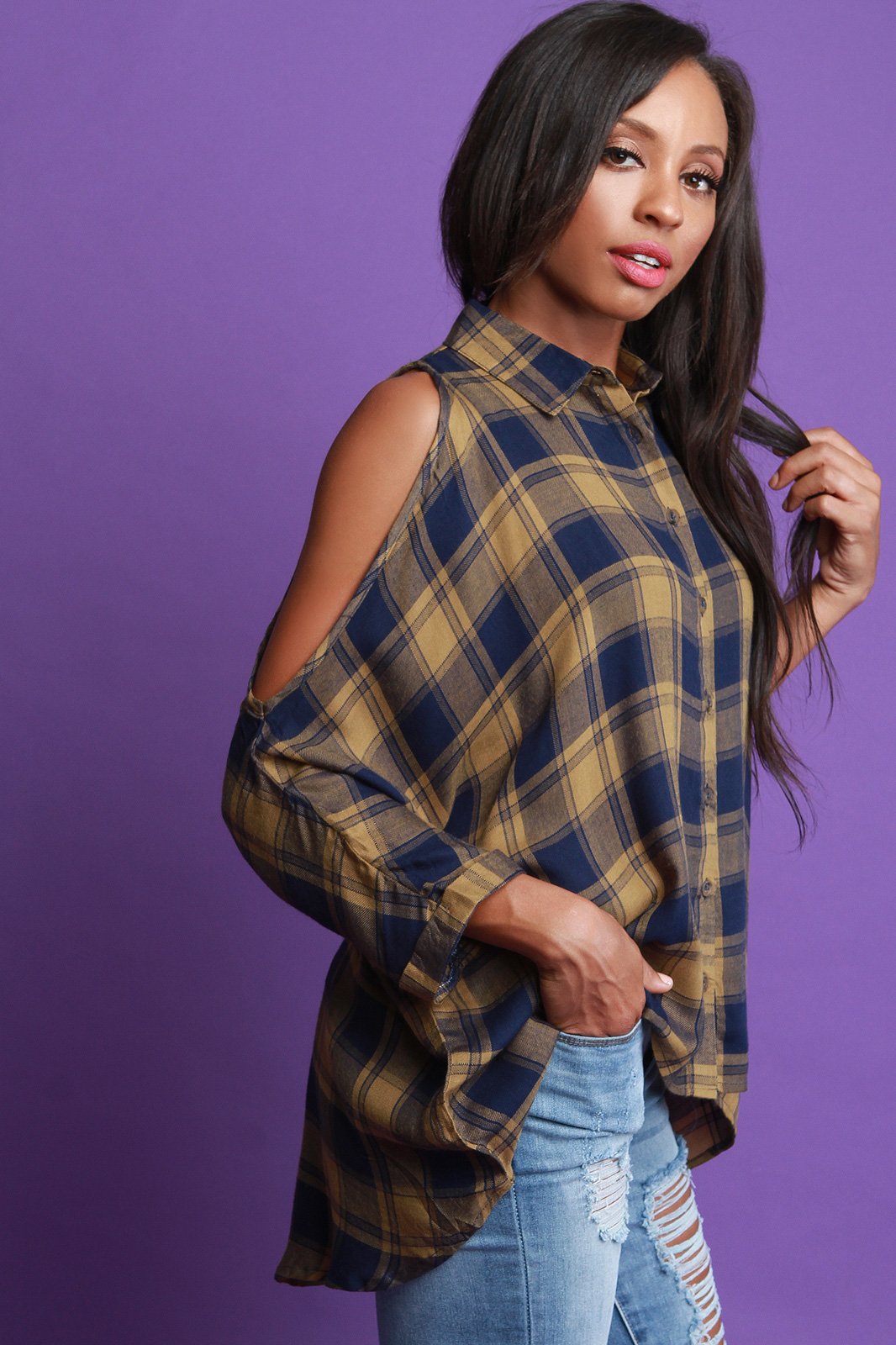 Plaid Open Shoulder Button Up High-Low Top