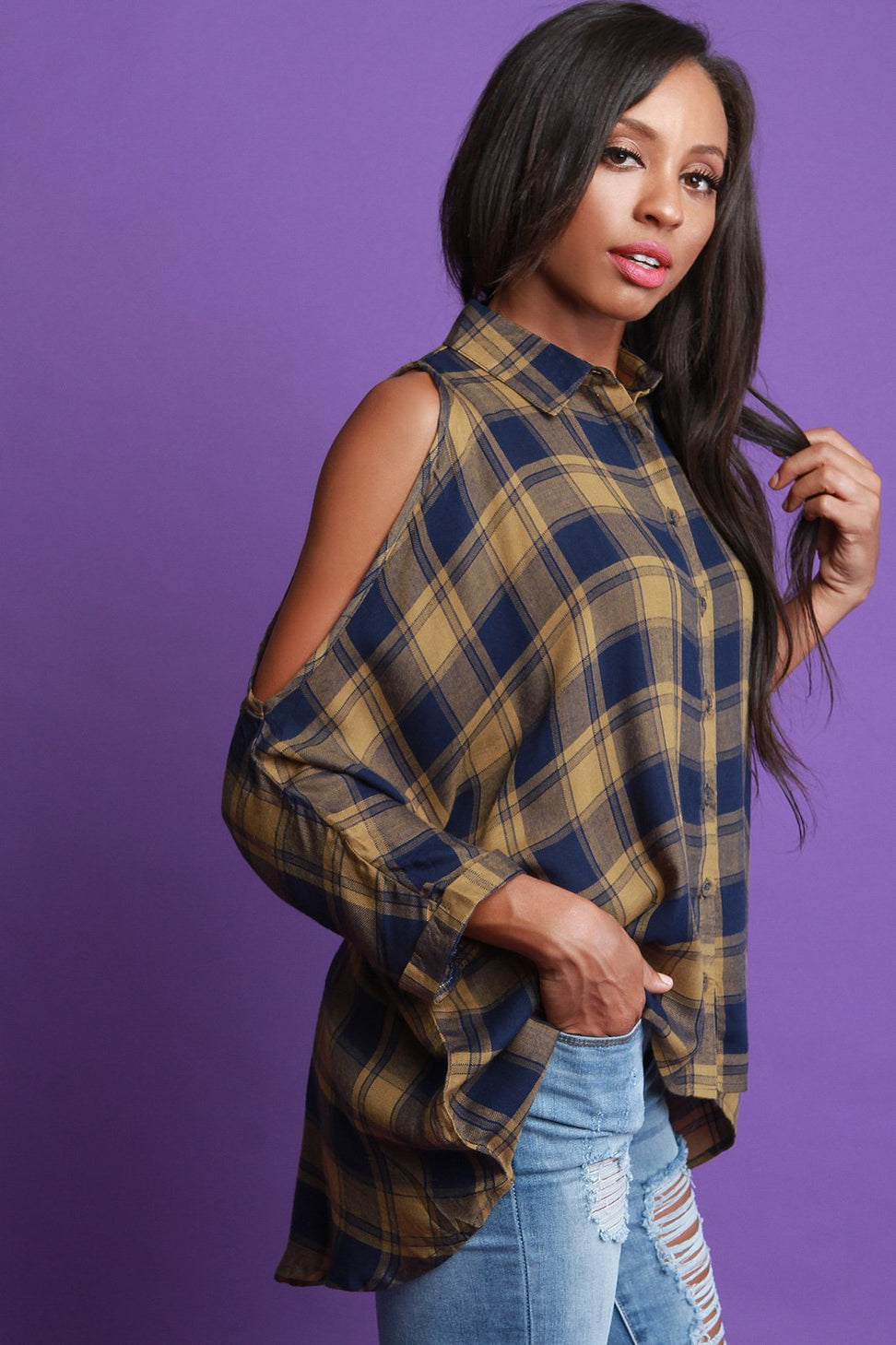 Plaid Open Shoulder Button Up High-Low Top