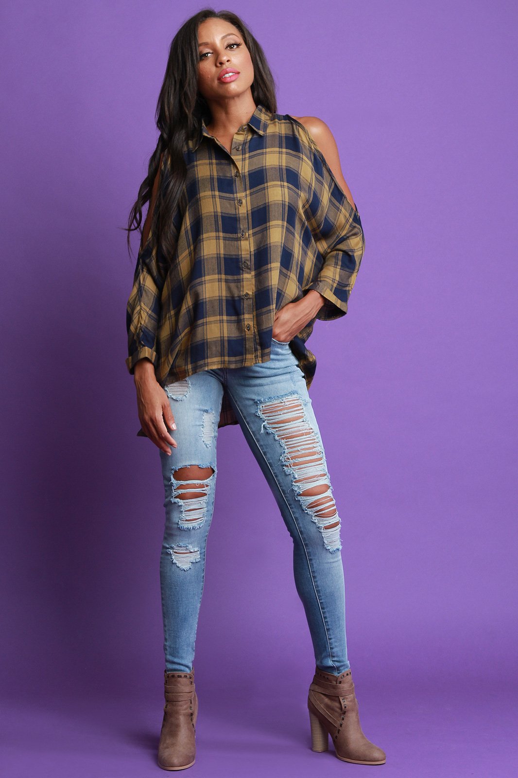 Plaid Open Shoulder Button Up High-Low Top