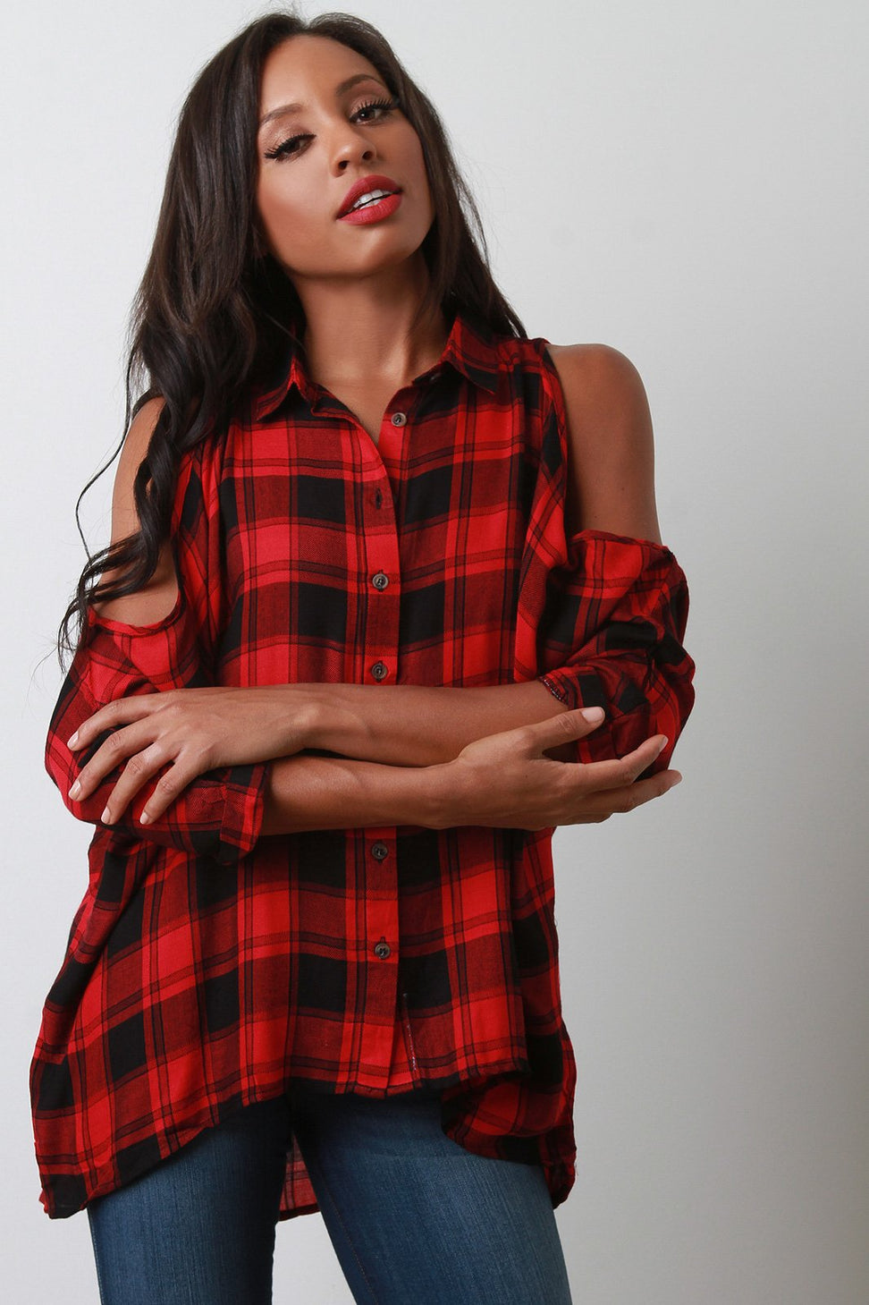 Plaid Open Shoulder Button Up High-Low Top