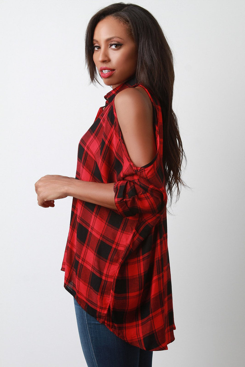 Plaid Open Shoulder Button Up High-Low Top