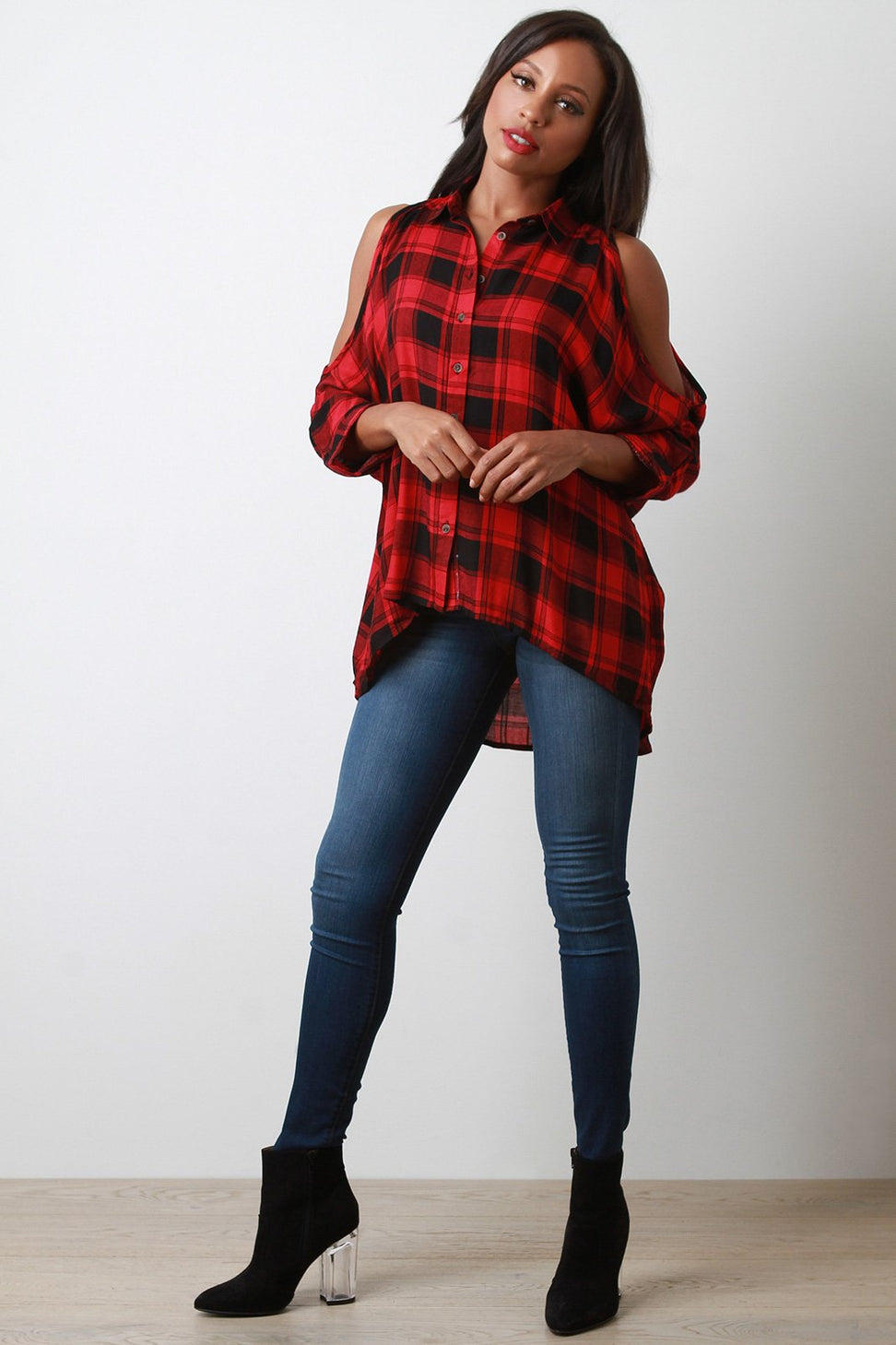 Plaid Open Shoulder Button Up High-Low Top
