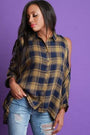 Plaid Open Shoulder Button Up High-Low Top