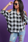 Plaid Open Shoulder Button Up High-Low Top