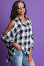Plaid Open Shoulder Button Up High-Low Top