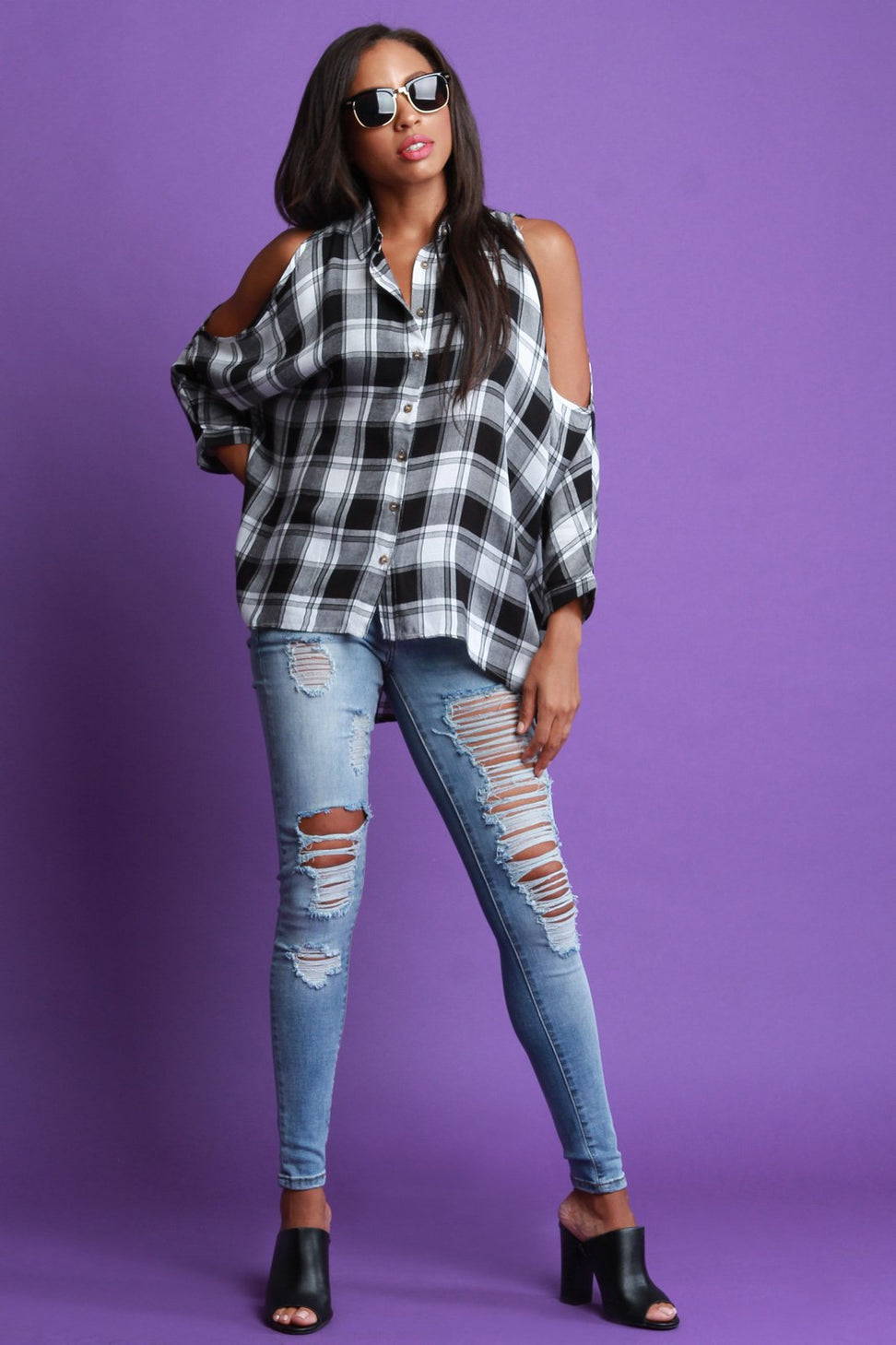 Plaid Open Shoulder Button Up High-Low Top