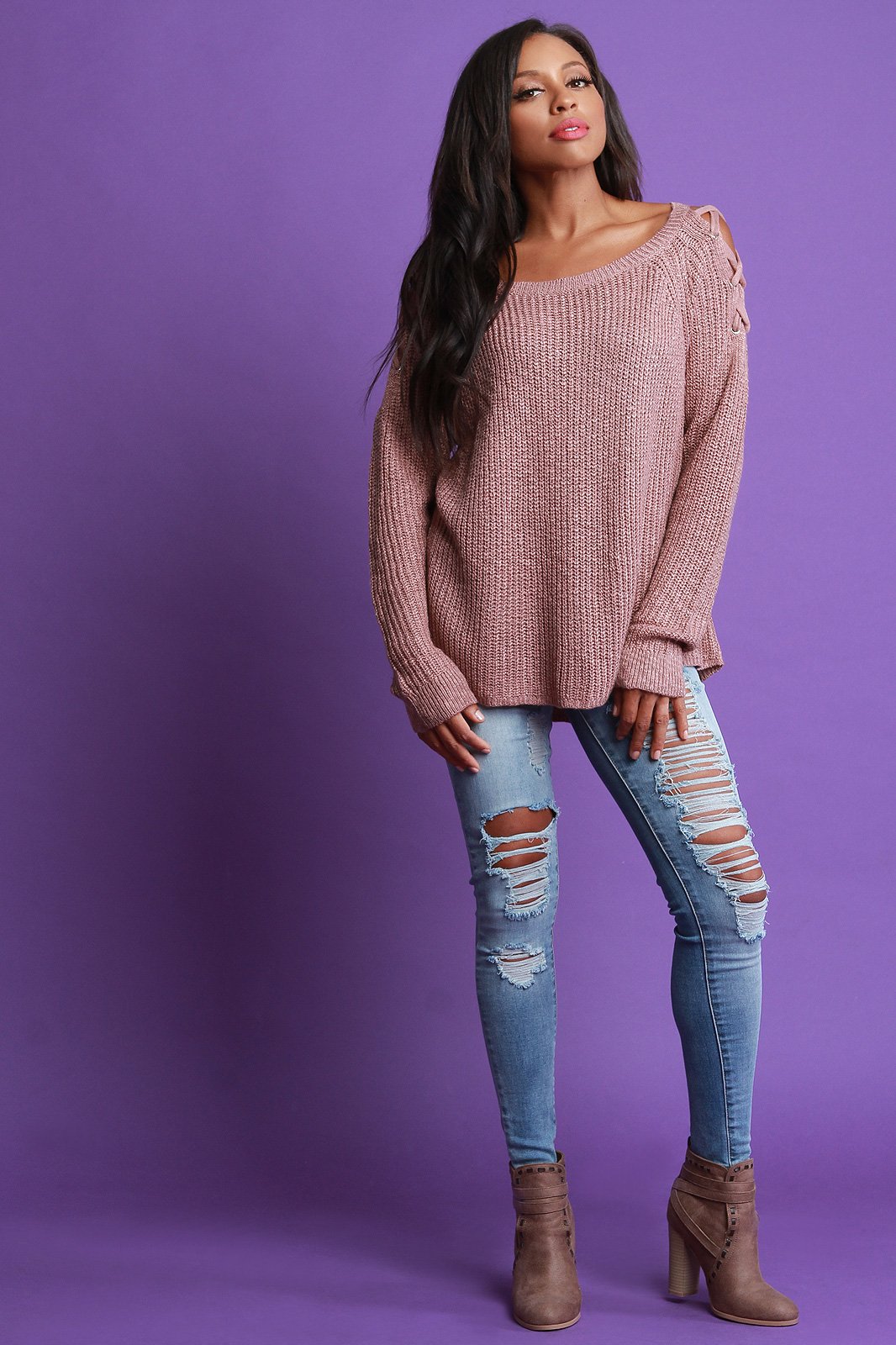 Chunky Knit Lace Up Shoulder Sweater Top