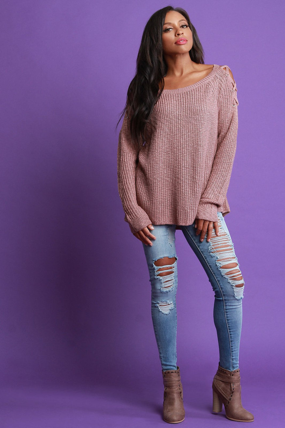 Chunky Knit Lace Up Shoulder Sweater Top