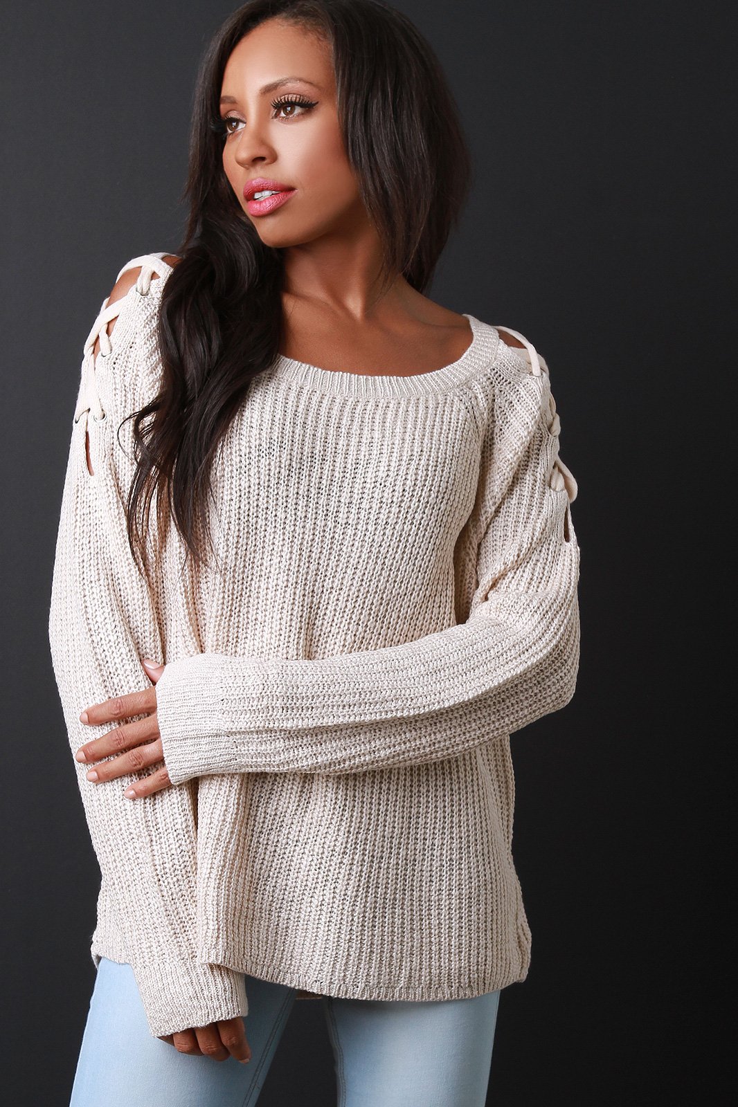 Chunky Knit Lace Up Shoulder Sweater Top