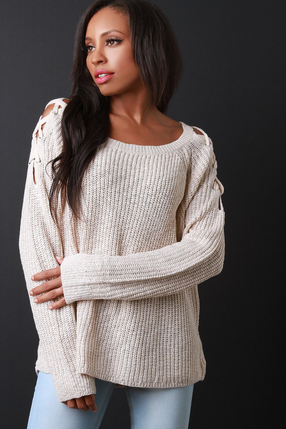Chunky Knit Lace Up Shoulder Sweater Top