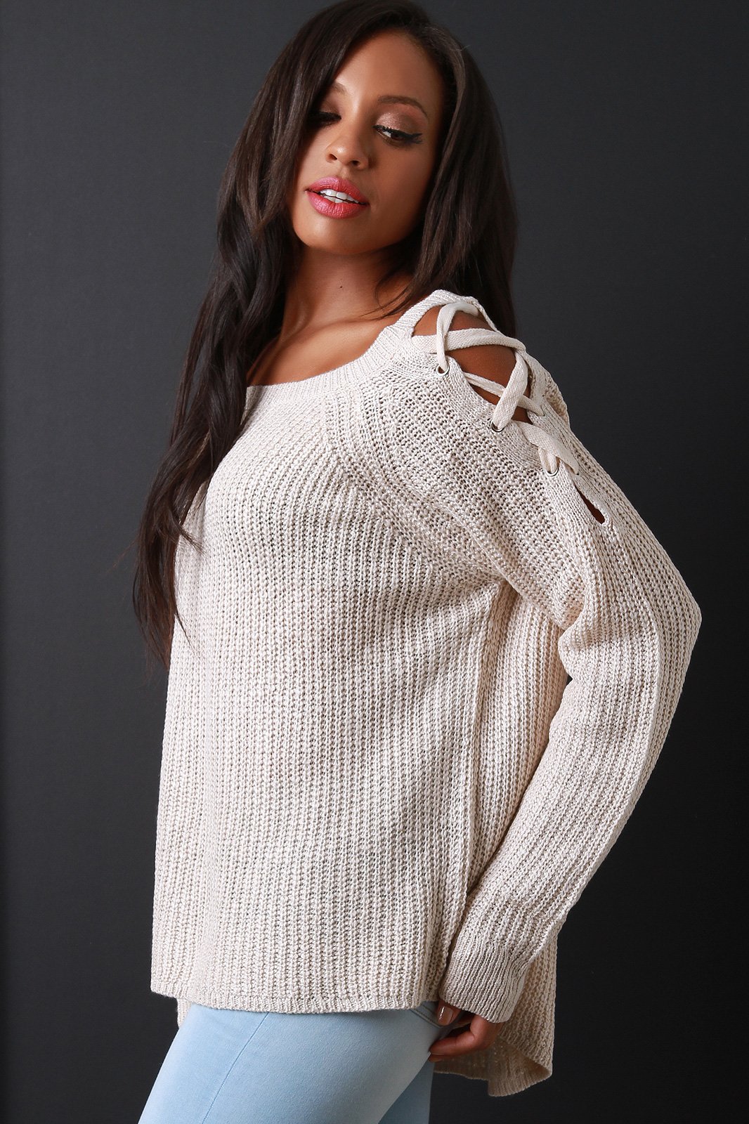 Chunky Knit Lace Up Shoulder Sweater Top