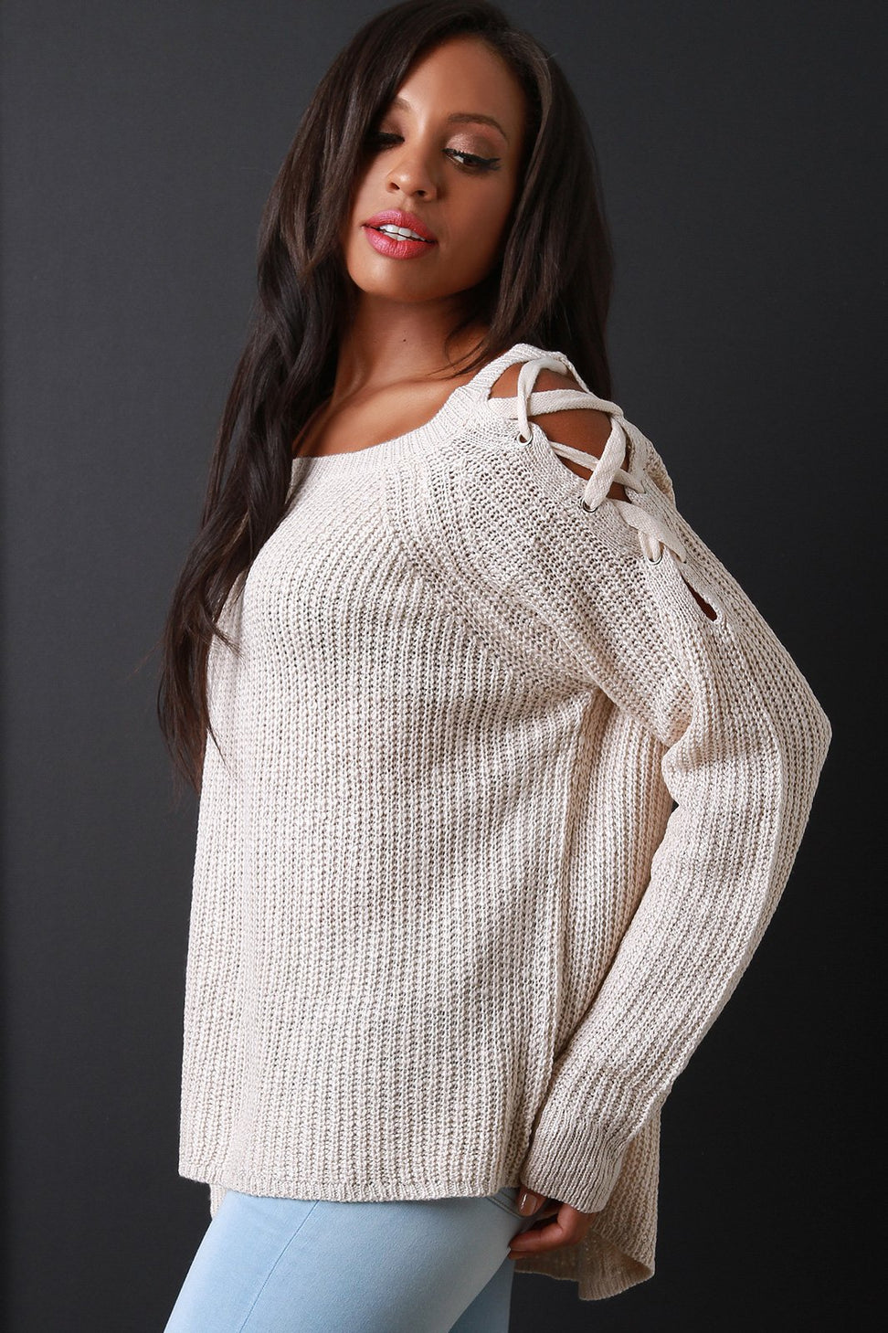 Chunky Knit Lace Up Shoulder Sweater Top