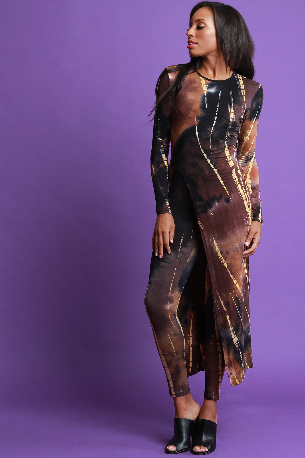 Tie Dye Open Back Slit Maxi Top With High Rise Leggings Set