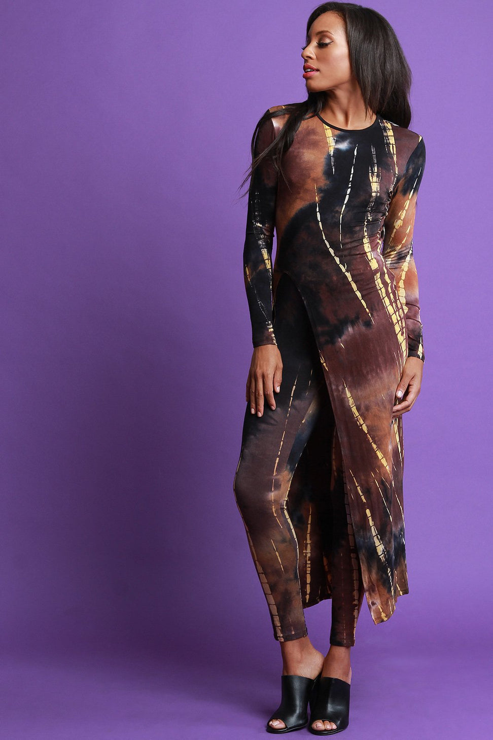 Tie Dye Open Back Slit Maxi Top With High Rise Leggings Set