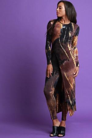 Tie Dye Open Back Slit Maxi Top With High Rise Leggings Set