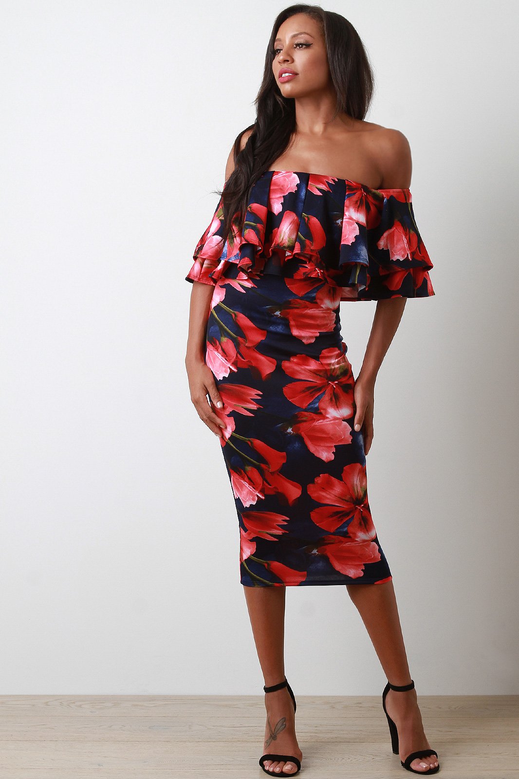 Floral Tier Ruffle Off-The-Shoulder Bodycon Midi Dress