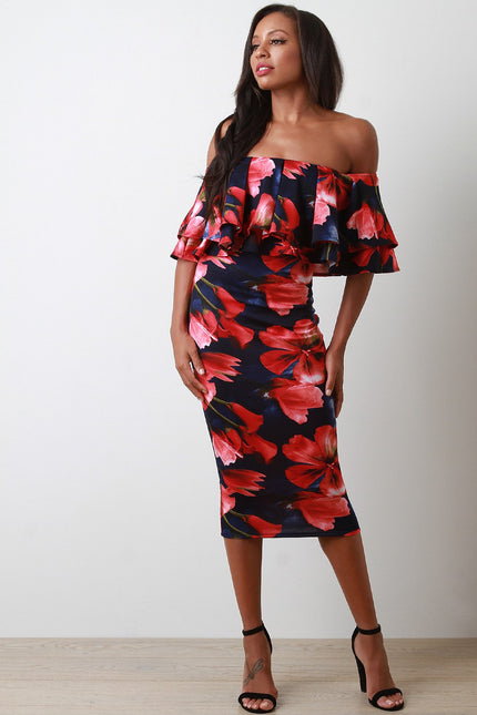 Floral Tier Ruffle Off-The-Shoulder Bodycon Midi Dress