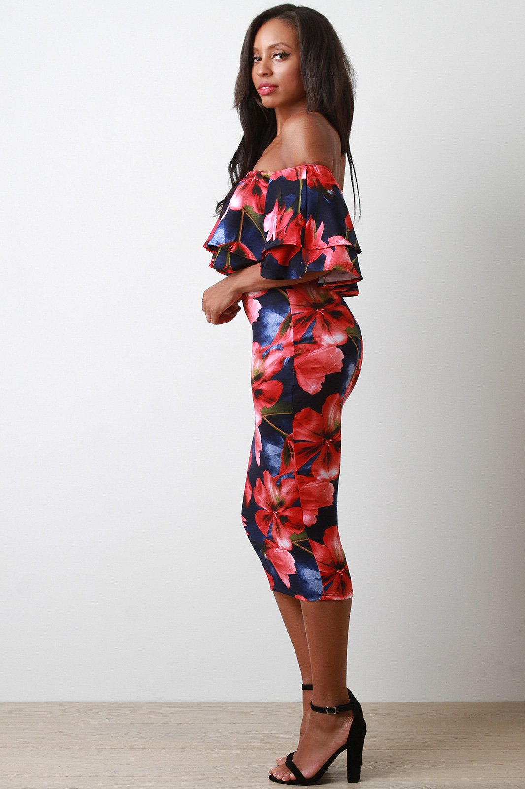 Floral Tier Ruffle Off-The-Shoulder Bodycon Midi Dress