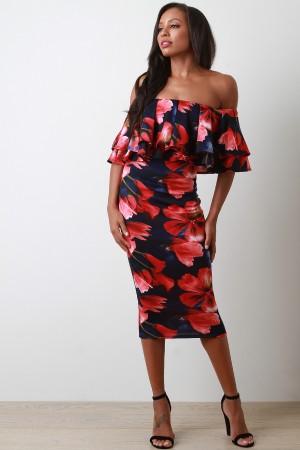 Floral Tier Ruffle Off-The-Shoulder Bodycon Midi Dress