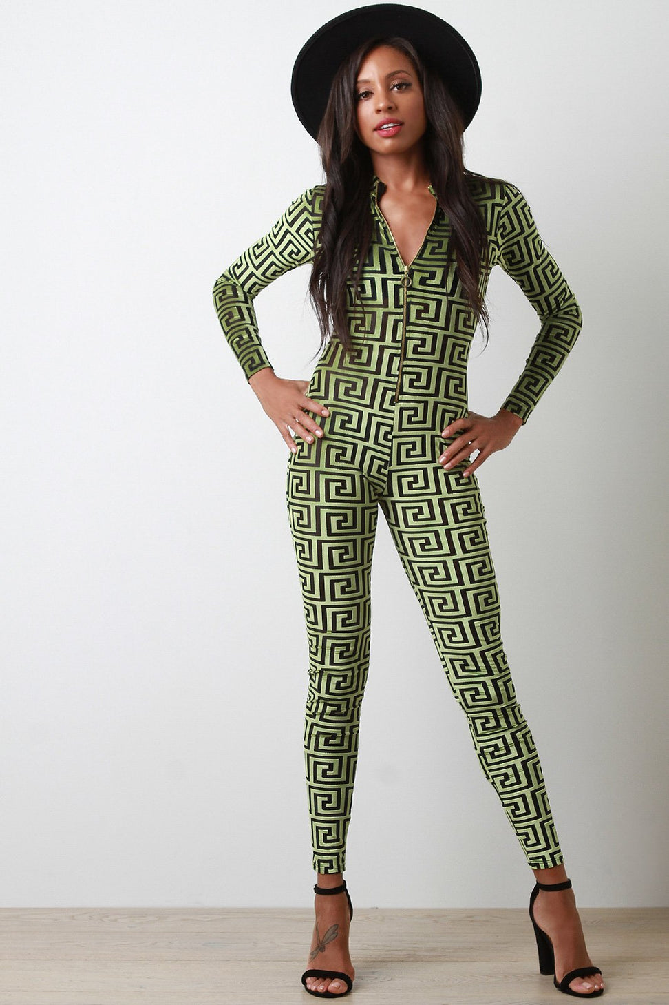 Mesh With Geo Pattern Velvet Long Sleeves Jumpsuit