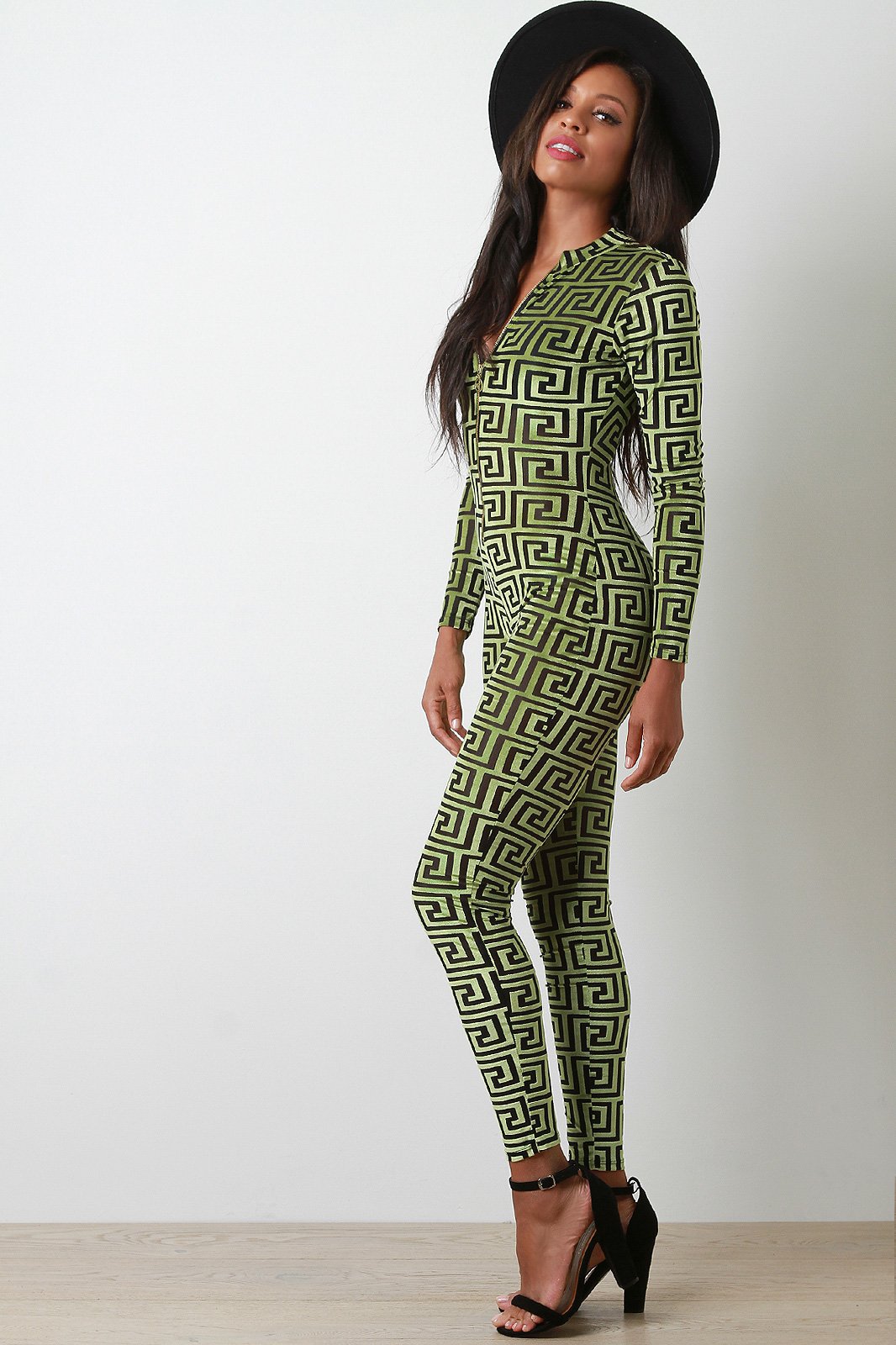 Mesh With Geo Pattern Velvet Long Sleeves Jumpsuit