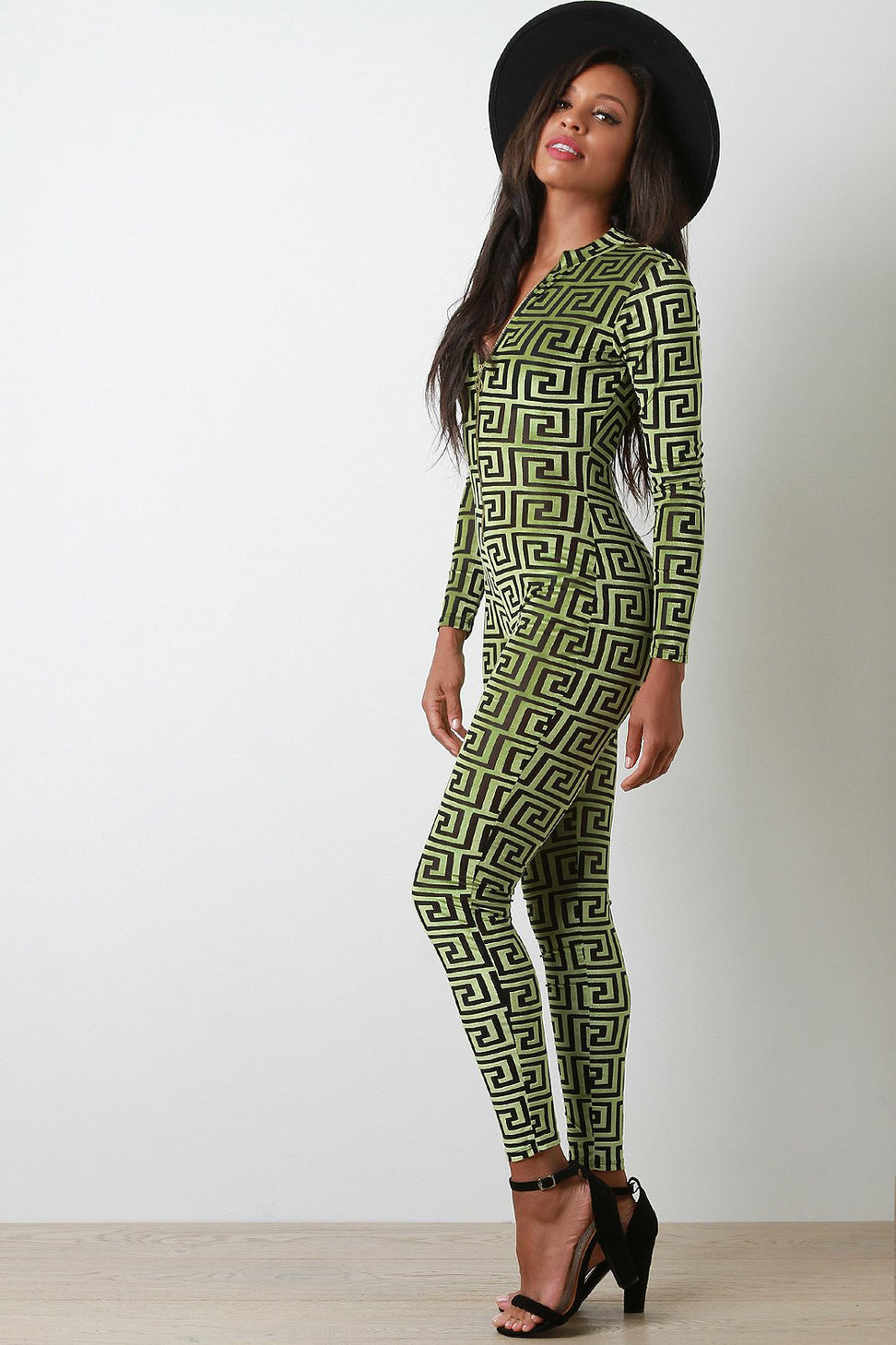 Mesh With Geo Pattern Velvet Long Sleeves Jumpsuit