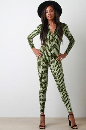 Mesh With Geo Pattern Velvet Long Sleeves Jumpsuit