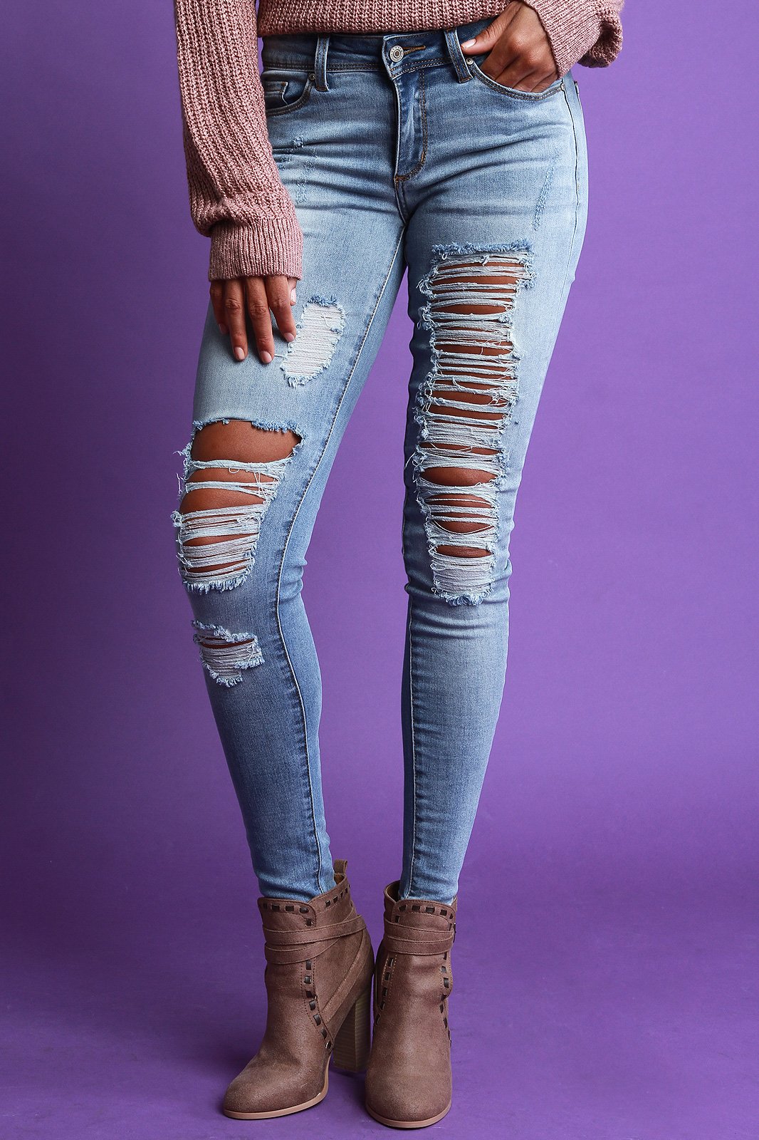 Mid Rise Distressed Skinny Denim Jeans