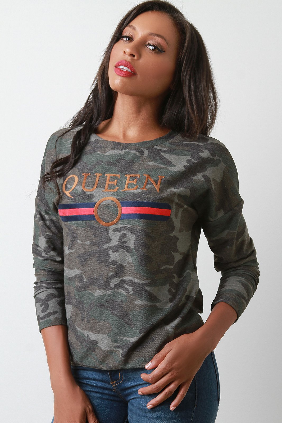 French Terry Camouflage Queen Long Sleeve Top - NoveltyOne