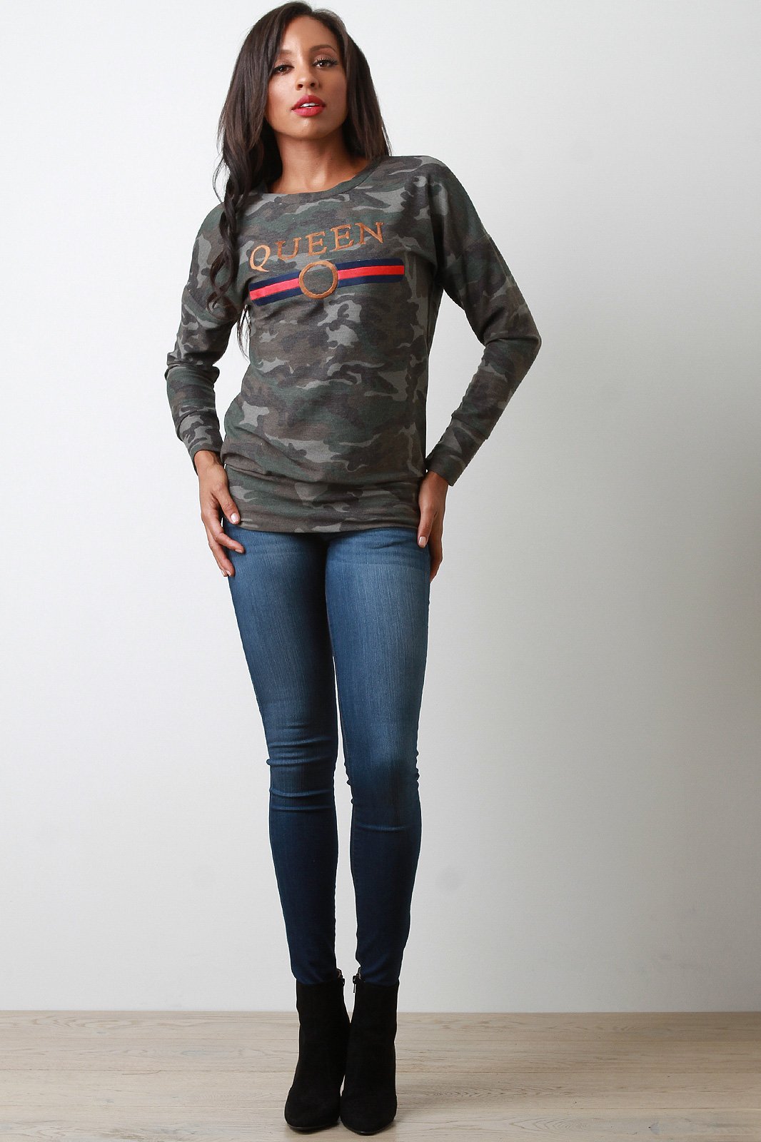 French Terry Camouflage Queen Long Sleeve Top - NoveltyOne