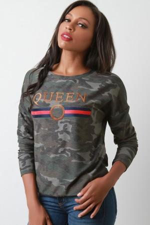 French Terry Camouflage Queen Long Sleeve Top - NoveltyOne