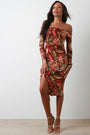 Printed Off The Shoulder Long Sleeve Midi Dress