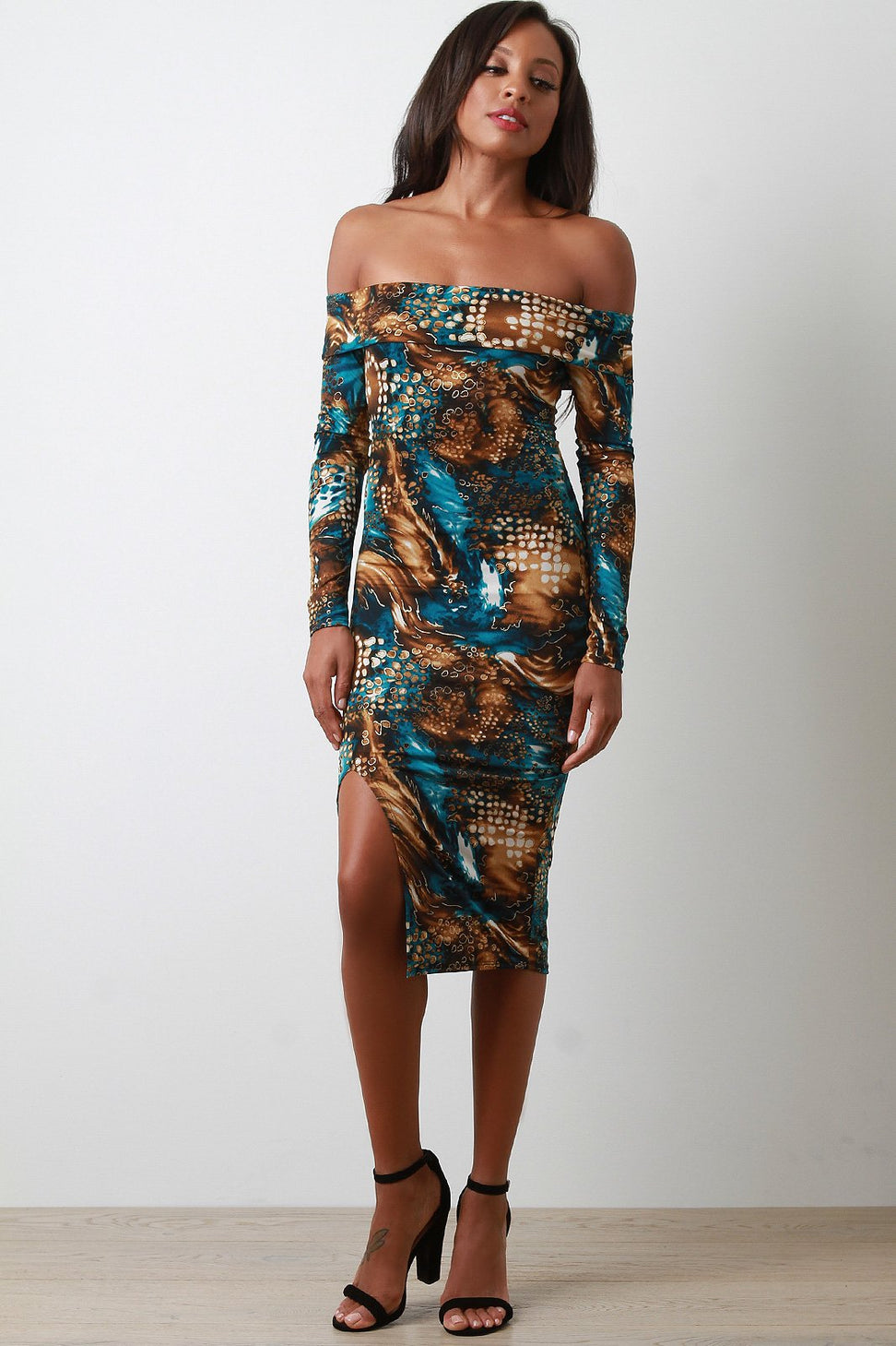 Printed Off The Shoulder Long Sleeve Midi Dress