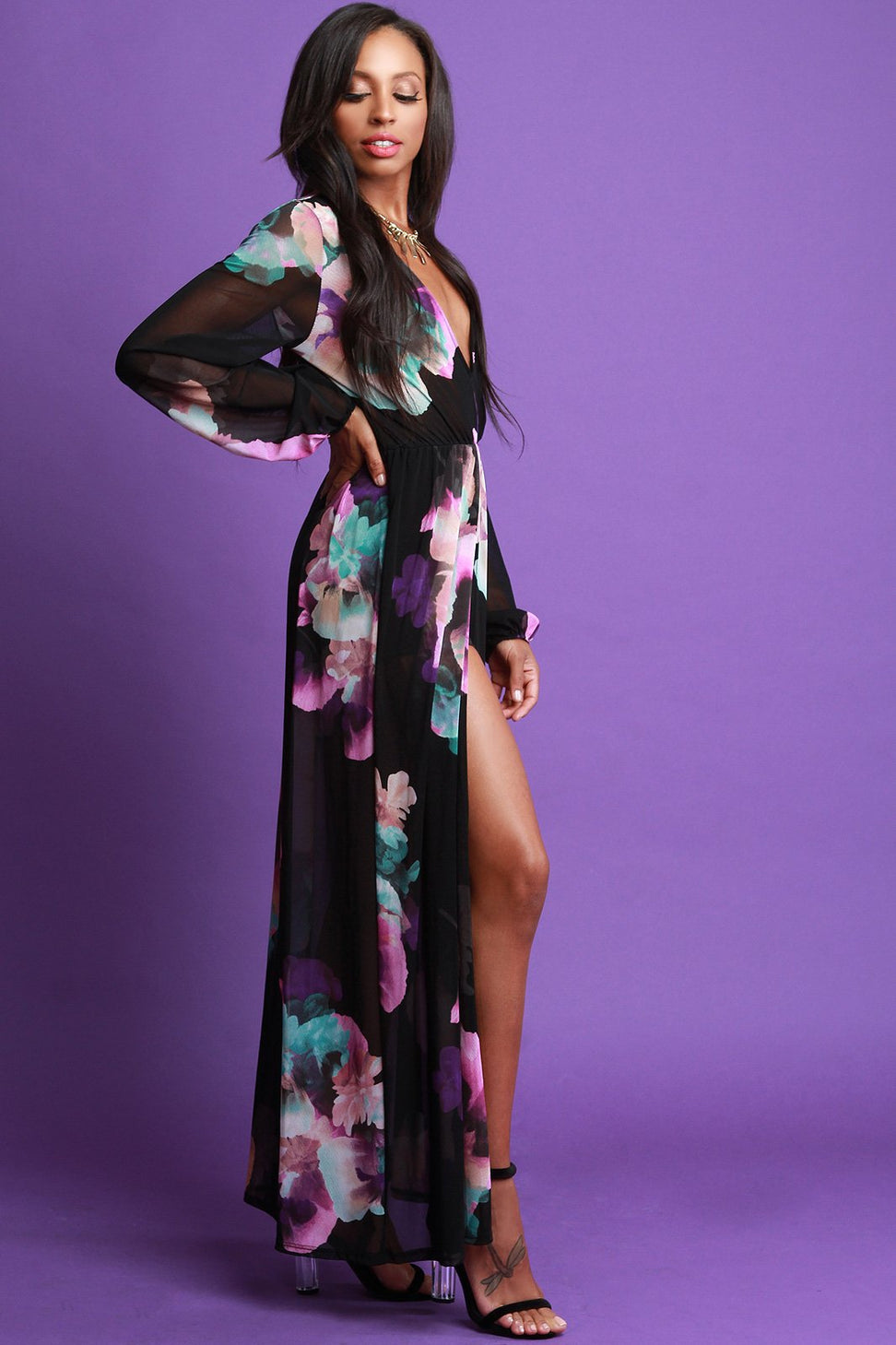 Large Floral Print Mesh Maxi Romper Dress