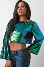 Iridescent Sequins Long Bell Sleeve Crop Top