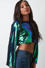 Iridescent Sequins Long Bell Sleeve Crop Top